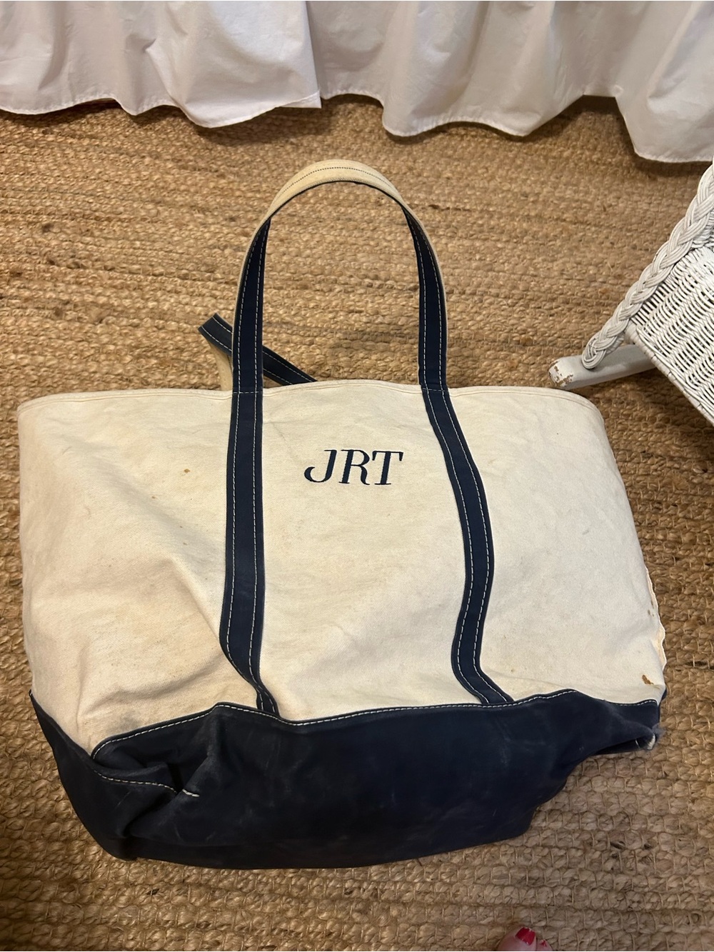 L.L. Bean Cream and Navy Canvas Tote with Monogram